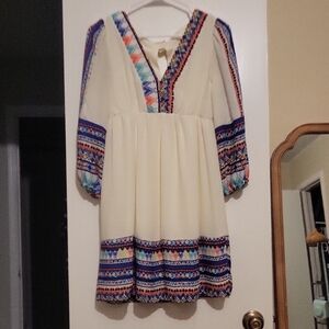 Bohemian Cream Dress with Colorful Patterns